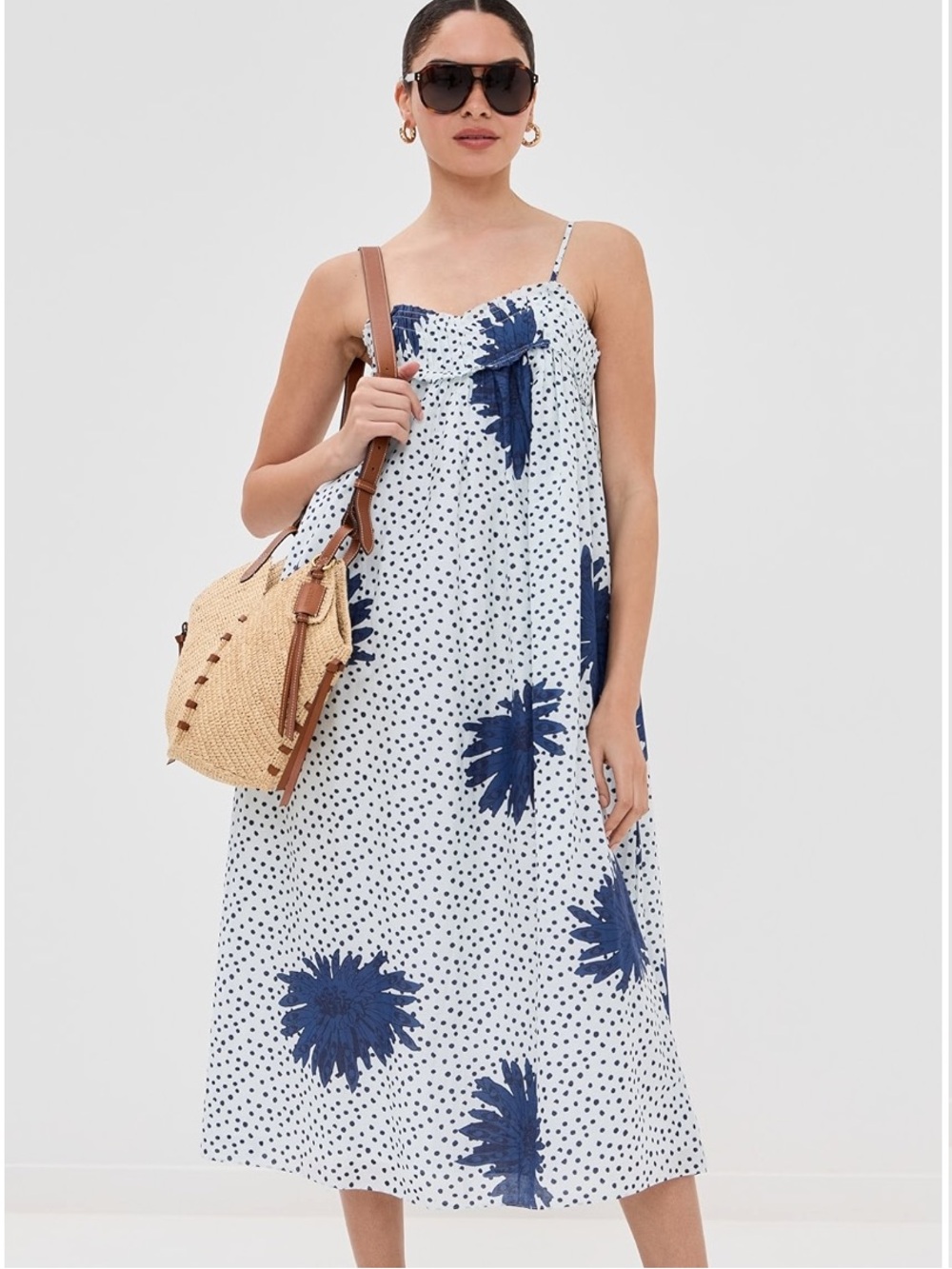 Alix Of Bohemia Cotton Silk Floral Polka Dot Eden Indigo Dahlia Midi Dress - Picture 5 of 13